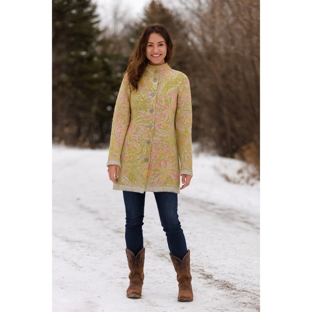 SUNDANCE Floral Longline cardigan Sweater Lambswool Mock Neck XSP X-Small Petite